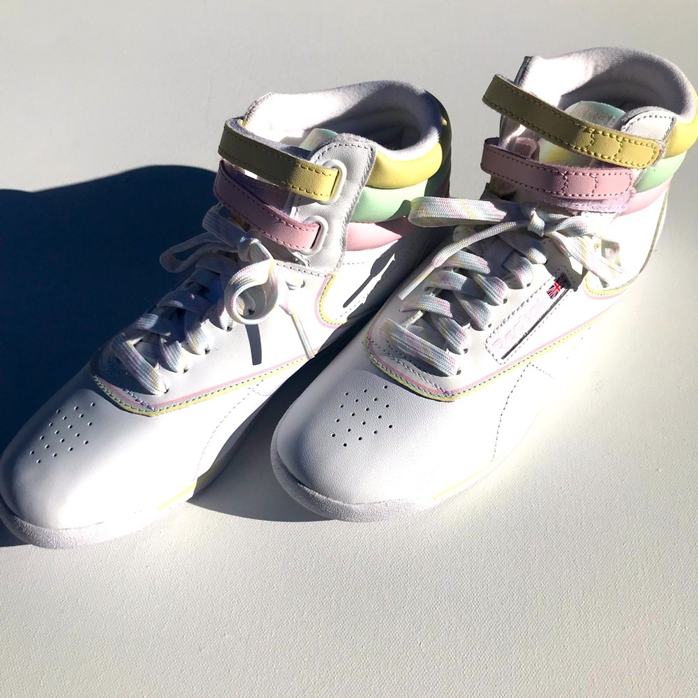 Reebok Freestyle Hi x GLOW in White/Pink/Green/Yellow